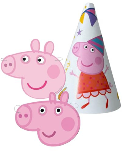Peppa Wutz Geburtstagsdeko, Kindergeburtstag Deko, Peppa Wutz Party Set, 6 Masken + 8 Partyhüte aus Karton, Dekoriere deine Kinderparty für Mädchen und Jungen