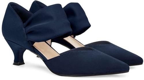 Coutgo Damen Niedrig Kitten Heel Kleid Schuhe Spitze Zehe Slip On Knöchelriemen Ausschnitt Elegante Party Hochzeit Pumps Marineblau 85