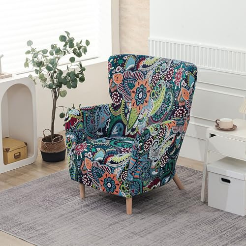 Highdi Stretch Sesselbezug Sesselhusse mit Armlehnen 1 Sitzer Sesselüberwurf Weicher Waschbarer Wohnzimmer Sesselschoner für OSKARSHAMN Ohrensessel mit Elastischem Band (Grünes Paisley)