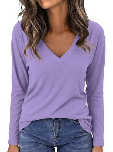 Aottori Maglietta Donna Scollo a V Maniche Lunghe T Shirt Ampia | Tessuto morbido ed elasticizzato, scollo a V pulito, vestibilità ampia, maniche lunghe, facile da abbinare ogni giorno