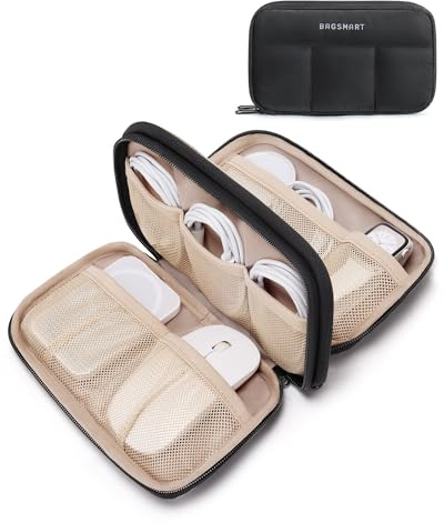 bagsmart Elektronik Organizer Tasche Damen Wasserdichter Reise Zubehör | Zweilagiger Tech Organizer mit Quiltung, Mit 2 Mesh- und 6 Gummifächern für Kabel, Handy, Powerbank für Reise, Büro, Alltag
