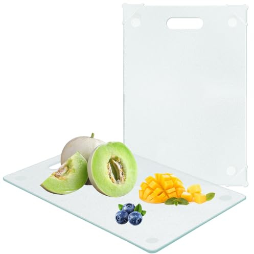 Zuxbolf 2 tablas de cortar de cristal de 30 x 20 cm, resistentes a los arañazos, de cristal templado, con pies de silicona antideslizantes para cocinar, hornear, preparar verduras en la cocina