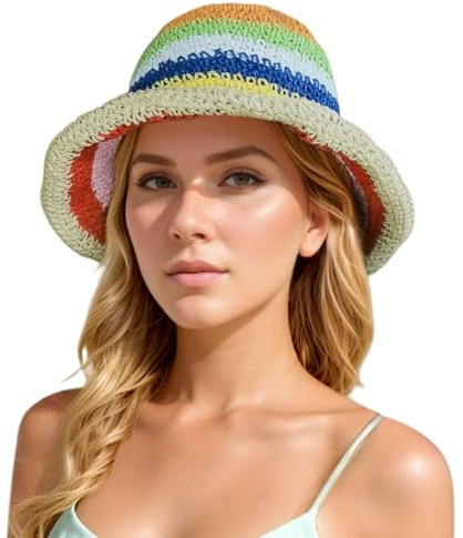 Womens Sun Hats Wide Brim Summer Beach Hat for Women Foldable Travel Fedora Handmade Crochet Straw Hat Packable UPF50, Rainbow-1