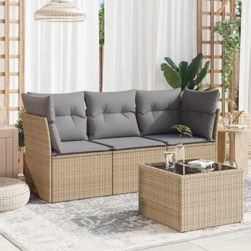 QJBSAVVA 4-TLG. Garten-Sofagarnitur Beige 179 x 62 x 69 cm mit Poly-Rattan und Glasplatte Modernes Balkonmöbel-Set für Terrasse Kleiner Balkon Garten Lounge