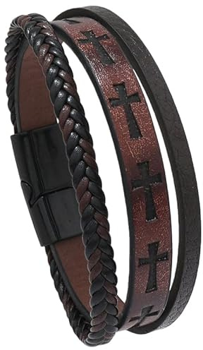 HUIANGLIYG Pulsera De Cuero Con Cruz Para Hombre, Hecha A Mano, Trenzada Multicapa, Con Cierre Magnético, Conmemorativa Religiosa, Regalo Para Hombres Y Mujeres, Marrón, 21,5 Cm