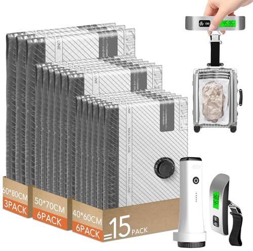 Vakuumbeutel für Kleidung mit Kabellose Vakuumpumpe 15-Stück Set | Mit Digitale Kofferwaage Gepäckwaage,Platzsparend Vakuumierbeutel für Reise & Koffer, Starke Saugkraft, Wiederverwendbare