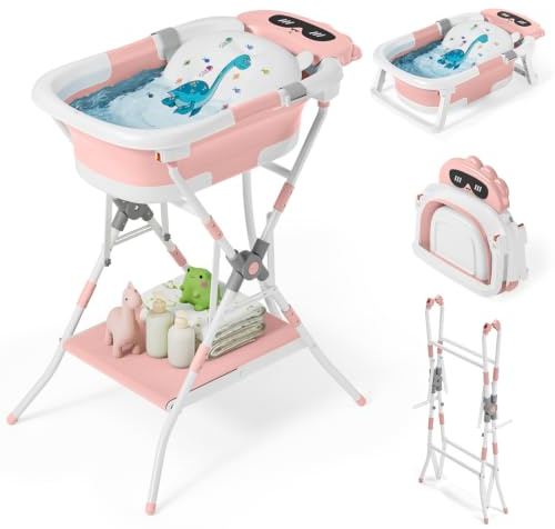 COOSEYA 3 in 1 Faltbare Babybadewanne mit Ständer, Babybadewanne für Neugeborene bis Kleinkind mit Unterstützung, weiches Kissen, faltbares Design für Reisen und Outdoor, Babyparty-Geschenke, 0-18