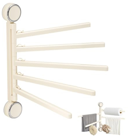 Portasciugamani a 5 bracci, senza foratura, colore bianco, con ventosa, orientabile a 180°, per bagno, montaggio a parete, per cucina, WC, guardaroba, bagno