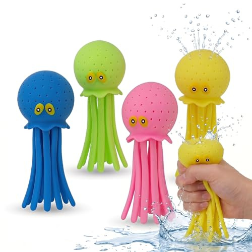 4 Stück Oktopus Wasserbomben,Niedliche Kraken-Schwimmbadspielzeug,Gummi Badespielzeug für Kleinkinder,Plastizität-Rebound-Spielzeug，Badespielzeug ab 3 Jahre,Wiederverwendbare Wasserbomben