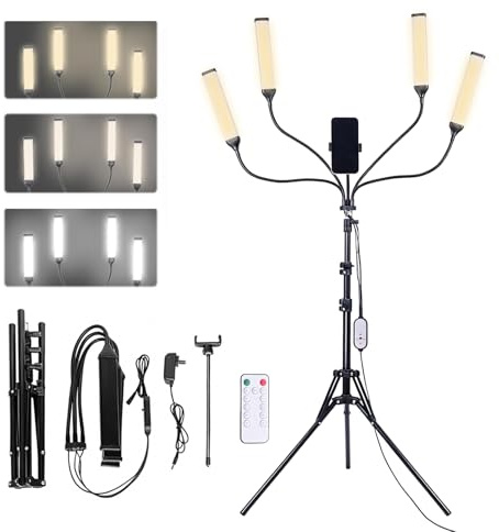 Luces LED Regulables para Fotografía, Lámpara Cosmética de Cuatro Brazos con Trípode y Soporte para Teléfono para Maquillaje, Pestañas, Cejas, Tatuaje, Manicura, Stream, Fotografía de Producto