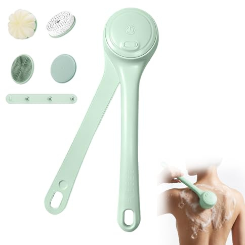 Iriisy Elektrische Rückenbürste, Duschbürste mit 4 Reinigungsköpfen zum Eincremen Körperbürste für Women Men Senioren, IPX7, Doppelgriff mit 360-Grad-Drehung für Spa Exfoliating Massage (Minzgrün)