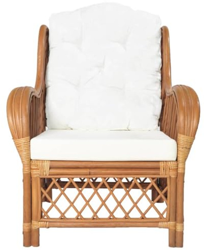 fadaoet Sessel mit Kissen aus Naturrattan und Leinen Hellbraun, 71x82x89 cm Wohnzimmer Sofa, bequemes Living Möbel, Set mit cremeweißen Kissen ideal zum Entspannen und Lesen