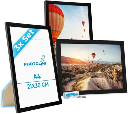 PHOTOLINI Bilderrahmen A4 Schwarz Holz MDF, 3er Set DIN A4 Bilderrahmen schwarz 21x30 cm, bruchsicheres Acrylglas, picture frame zum Aufhängen & Aufstellen, Rahmen mit Zubehör 30x21 für Fotos, Poster