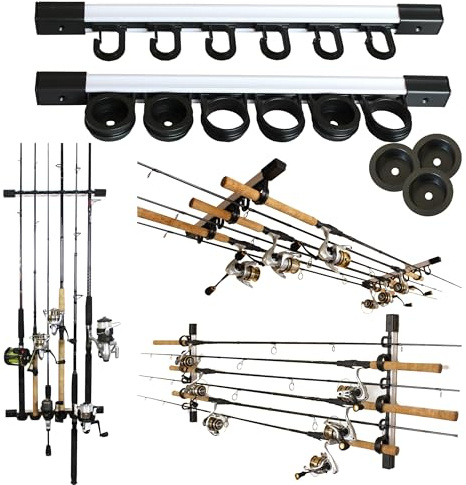 Rush Creek Creations Fishing Rod Holder for 6 Rods, Fishing Pole Holder for Garage Organization & Wall Storage, for Fishing Reels, Fishing Gear, & Fishing Accessories (Vertical/Horizontal Rack) 1 Pack