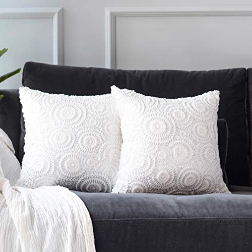 Throw Pillows Covers 18 x 18,Set of 2 White Fur with Silver Printed Flower Soft Throw Pillows for Couch Bed,Accent Home Decorative Square Cushions Cases Shams Pillowcases Farmhouse,45 x 45 CM