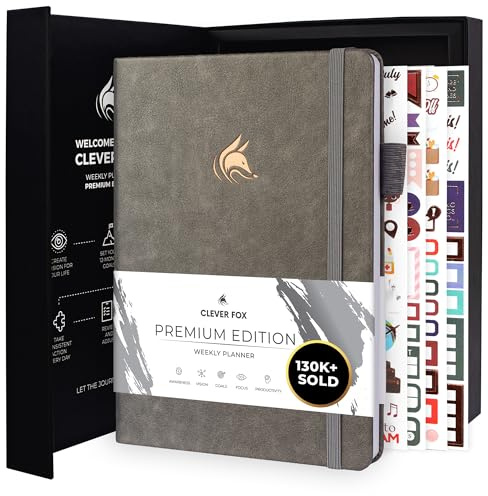 Clever Fox Planer Premium Edition - Luxuriöser Wochen & Monatsplaner zur Produktivitätssteigerung und zum Erreichen Ihrer Ziele - Organizer - Undatiert, Start jederzeit möglich, A5 - Grau