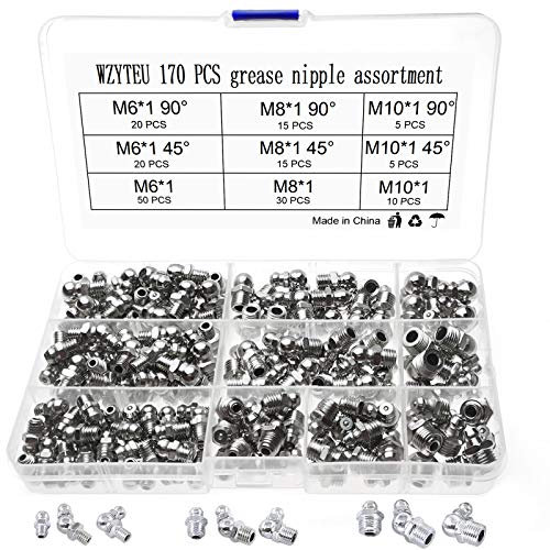 WZYTEU 170 Pezzi Set di Ingrassatore, Assortimento Ingrassatori per Raccordo e Ingrassatori in Metallo, M6 M8 M10 in Dritto e Angolato 45° 90° Ingrassatori Testine