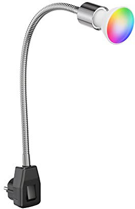 ledscom.de Steckdosenlampe LESCH Leselampe Schwanenhals, Schalter, chrom/schwarz + Smart Home RGBW GU10 LED Lampe 473lm