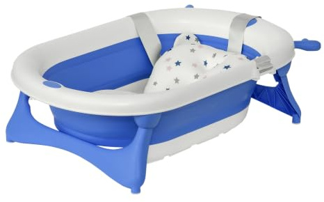 HOMCOM Faltbare Baby-Badewanne Baby-Badewanne 0-3 Jahre 81,5x50,5x23,5 cm mit thermosensitivem Bezug, Kissen und Anti-Rutsch-Pads Blau