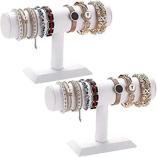 POLMART Espositore per braccialetti per gioielli, 2 pezzi in pelle bianca, espositore per orologi con collana con bracciale a T per la casa, il negozio