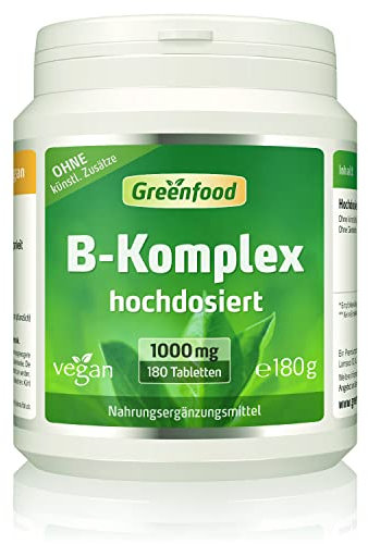 Vitamin B Komplex, hochdosiert, 1000mg - 180 Tabletten, vegan. Alle B Vitamine (B1, B2, B3, B5, B6, B7, B9, B12) – mit hoher Bioverfügbarkeit. OHNE künstliche Zusätze - laborgeprüft. Von Greenfood.