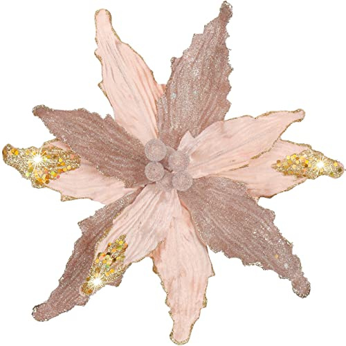 Briful 4 PCS 12 Glitter Poinsettia Artificial Flowers Stem for Christmas Tree Decorations Rose Gold Fake Poinsettia Flowers Large Artificial Christmas Flowers Arrangements for Xmas Decorations