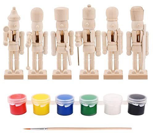 6 Pcs Christmas Wooden Nutcracker Soldier Christmas Unpainted Blank Nutcracker Ornaments Unfinished Figures Puppet Walnut Soldier with Paint and Pen for DIY Art Craft Gift Xmas Decorations,13cm/5.1