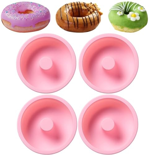 REKIDOOL 4 Inches Silicone Donuts Pan Set, 4 Pieces Non-stick Pastry Molds Cake Baking Molds for Bagel and Doughnut Cake Pans (Pink)