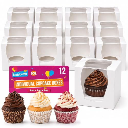 SOL 12pk Individual Cupcake Boxes - Sturdy Dessert and Bakery Packing - 9cm | Cupcake Boxes Individual with Window for Bakery Packaging & Mini Muffins - Single Cupcake Container Boxes - 12pk x 9cm