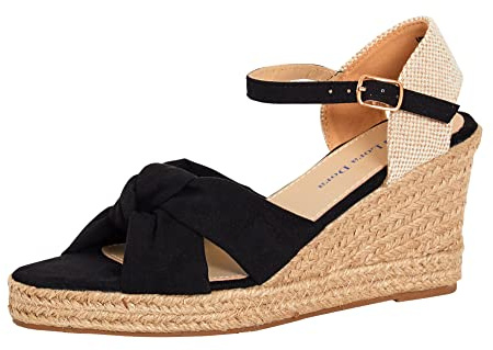 Womens Open Toe Wedge Sandals Espadrille Wedges Strappy Hessian Ankle Wrap Shoes Black UK 4