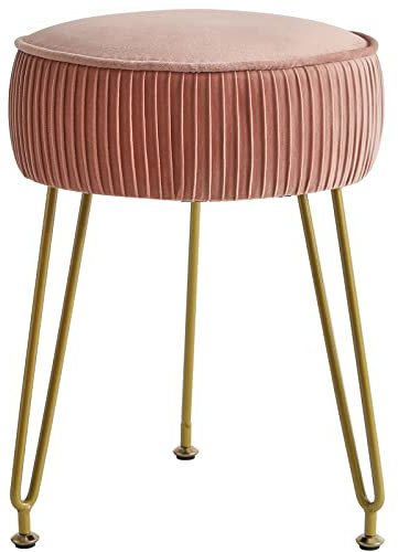IBUYKE Velvet Round Footrest, Makeup Vanity Stool, Side Table, Pouf Couch Seat, Golden Steel Legs, Pink L/G-30P