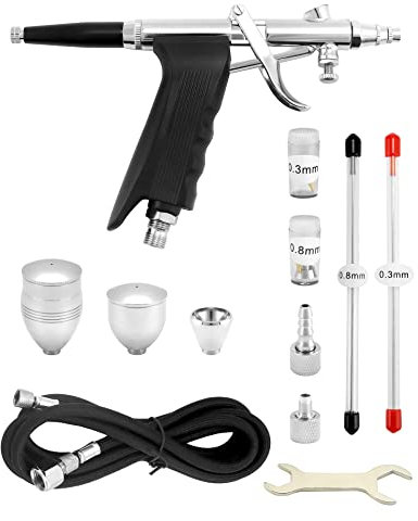 QWORK® Airbrush-Kit Airbrushpistole System - Bullet-Düse 0,3 mm 0,5 mm 0,8 mm - Farbbecher 2 cc 5 cc 13 cc - Schlauchlänge 1,8 m