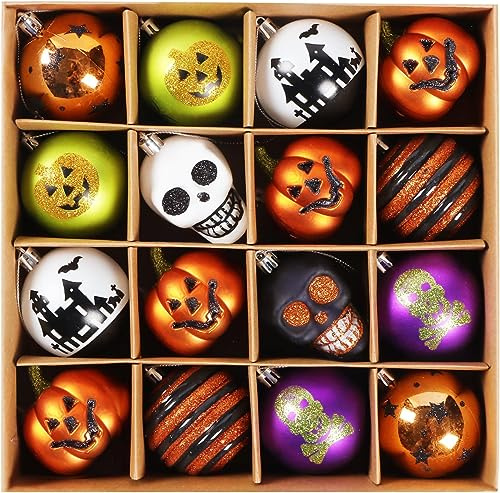 SVNVIOZ 16pcs Shatterproof Halloween Baubles Ornaments, Naughty Pumpkin Decorations, Hanging Tree Balls Pendants for Halloween Party Decorations