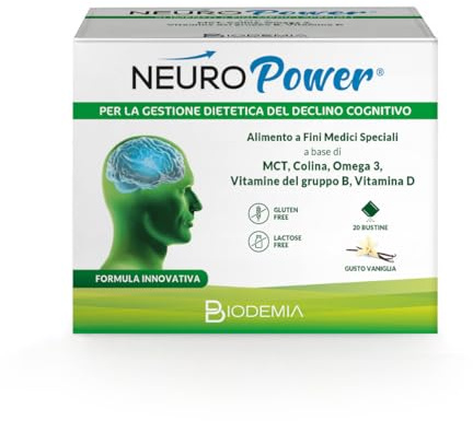 BIODEMIA | NeuroPOWER Alimento a Fini Medici Speciali, 20 Bustine | Con MCT, Colina, Omega 3, Vitamine del gruppo B e Vitamina D, gestione del declino cognitivo correlato all'età, Vaniglia