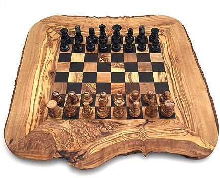Exklusivt medina mood schackspel rustikt schackbräde stl. valbar M/L/XL inklusive 32 schackpjäser, schackspel, handgjort av olivträ (L)
