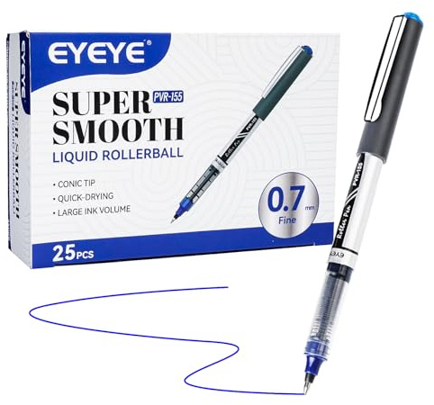 EYEYE Bolígrafos de tinta líquida Azul, 25pcs Bolígrafo Roller de Secado Rápido de Tinta, secado rápido para escribir, Escritura Suave para Oficina, Hogar, Empresa, Escuela punta fina 0.5 mm