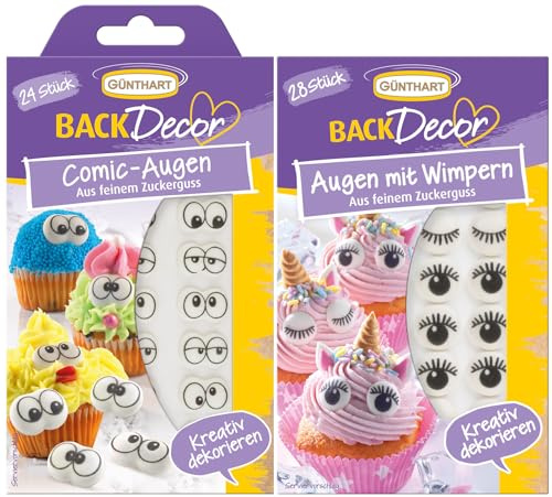 Günthart BackDecor Zucker Augen 2er Set aus feinem Zuckerguss | 24 Comic Augen und 28 mit Wimpern, kreative Dekoration für Muffins, Cupcakes, Kuchen und zum Backen