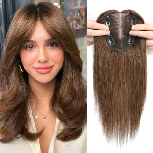 GULALUUK Hair Toppers for Women 12 Inch 10x12cm Human Hair Topper | 100% Human Hair Topper for Thinning Hair Women 4# Real Hair Pieces for Women (Medium Brown)