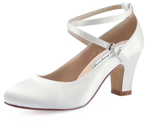 Duosheng & Elegant Brautschuhe Geschlossene Ivory Krause Riemchen Blockabsatz Pumps für Damen HC1808 Satin Hochzeit Abend Ivory Gr. 38