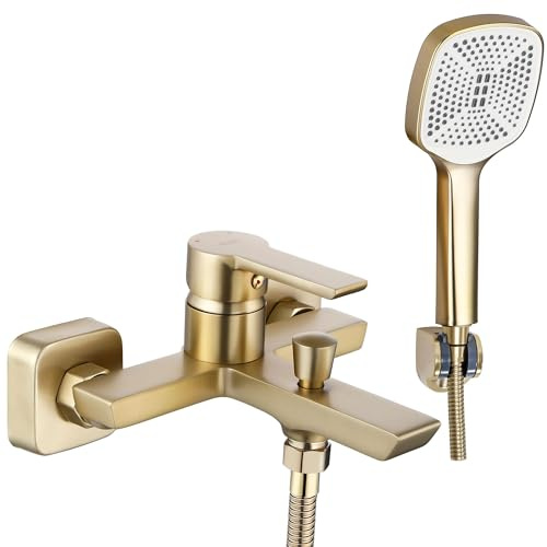 Rea ARGUS BRUSH GOLD Badewannenarmatur Wasserhahn Badewanne Einhebel Wannenarmatur mit Handbrause Badarmatur aus Messing Mischbatterie (Gold)