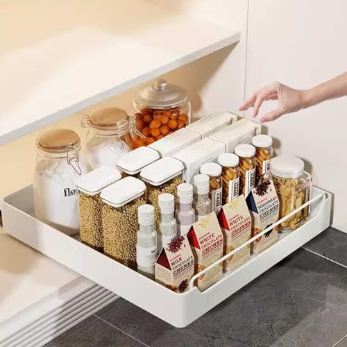 Küchenschrank Ausziehbare Schublade, Metall Teleskopschublade, Küchenschublade, Schubladeneinsätze Für Küchenschrank,Mit Griff,slide Out Drawer Kein Bohren,für Viele Anlässe Geeignet, Weiß-Breite40cm