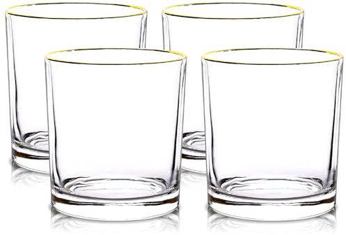 Raisaplin Whiskey Glasses Set of 4 with Gold Rim, 350ml/ 12oz Crystal Old Fashioned Rocks Barware Scotch Bourbon Whiskey Tumblers Snifter for Rum Cognac Vodka Liquor Cocktail Drinks Bar Gifts