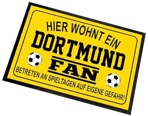Herzbotschaft Fußmatte für Fußball Fans | Türmatte mit Spruch | 60x40cm | Hier wohnt EIN Dortmund Fan - Betreten an Spieltagen auf eigene Gefahr! | für innen und außen | Vorleger für die Haustür/Flur