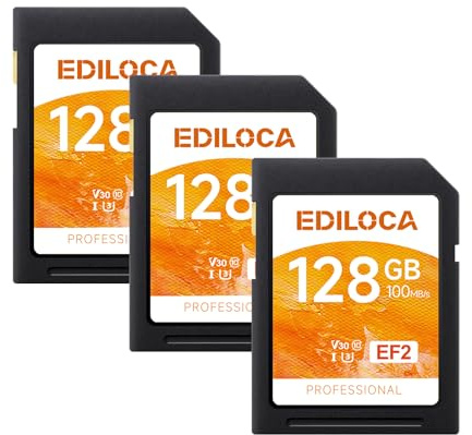 Ediloca Scheda SD da 128GB EF2, 3 Pack,fino a 100MB/s in Lettura, UHS-I, C10, U3, V30, video Full HD e 4K, scheda di memoria, scheda SD per fotocamera, indispensabile per fotografi professionisti