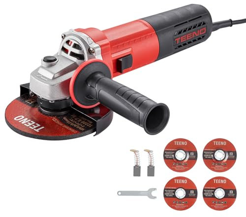 TEENO Smerigliatrice Angolare 125 MM 1000W, Flessibile da Taglio Velocità a vuoto 2000-12000 giri/min (Disco da sbavatura/taglio:125 mm 4 pezzi) Velocità variabile, il taglio la rettifica dei Metalli