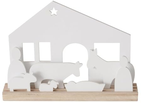 ReWu Weihnachts-Krippe Nalos aus Holz Stecksystem Weihnachtsdeko Natur Weiß Adventsdeko Dekoration Dekoobjekt 29,5 x 5 x 21,5 cm