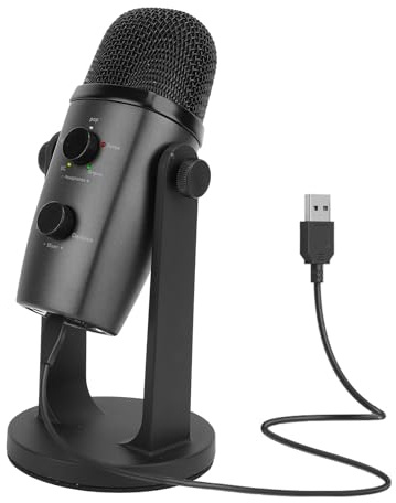 Jectse Microphone de Jeu à Condensateur USB, Micro PC USB Dynamique 192 KHz, Réglage du Volume HiFi Podcast Mic avec Support Anti-Choc et Bouton de Gain Rotatif, pour Streaming Podcasting