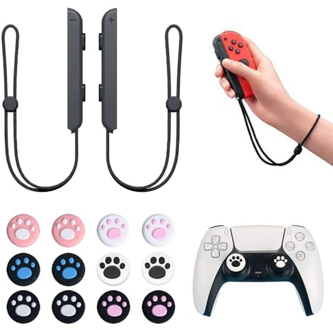 HTTDSLF 14 Piece Wrist Strap Set, Adjustable Elastic Controller Wristband, Hand Grip Replacement Accessories, Gamepad Handle Lock Wrist Strap Lanyard (Black), with 12 Joystick Thumb Grip Cap