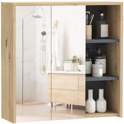 HOMCOM Bathroom Mirror Cabinet, Wall Mounted Bathroom Cabinet with Mirror, 2 Doors and Cupboards, Natural