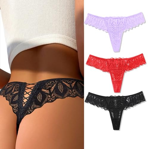 Avidlove Sexy Thongs for Women Lace Panties No Show Tanga Breathable Underwear 3 Packs XL